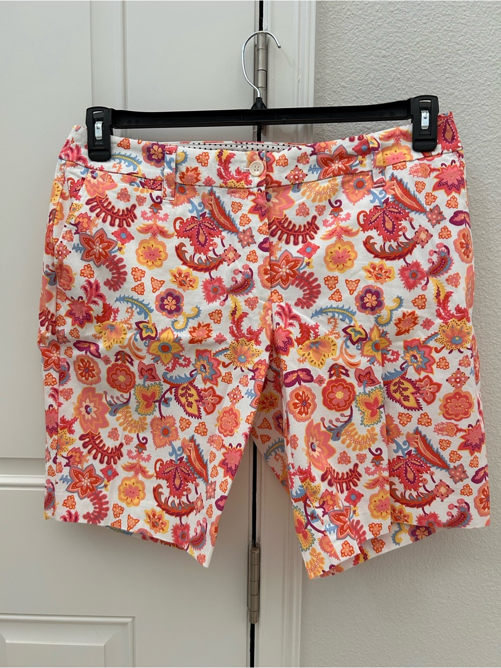 Talbots Floral Stretch Flat-Front Shorts - White with Pink & Orange